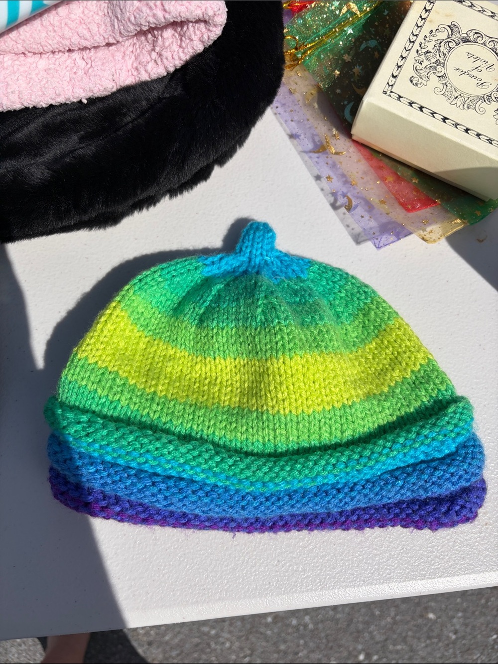 Kids Rainbow Gradient Knit Beanie - Green & Blue